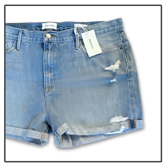 NWT Frame Denim Le Beau Distressed Cuffed Hem Jean Shorts in Elsey Rips - Picture 10 of 16